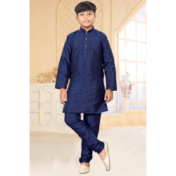 Straight Cut Men Kurta Pajama in Dupion Silk Navy Blue for Party