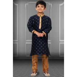 Navy Blue Dupion Silk Embroidered Kids Kurta Pajama