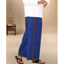 Men 100% Cotton Single Layer Blue Dhoti with Mayilkhan Border Slokam