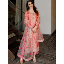 Peach Self Design Silk Blend Straight Kurta With Dupatta